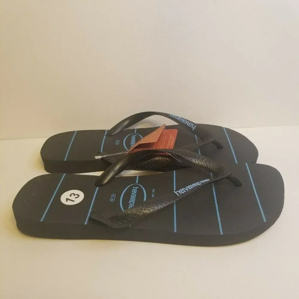 Havaianas Mens Size 13 Black Blue Striped Flip Flops New 4132585